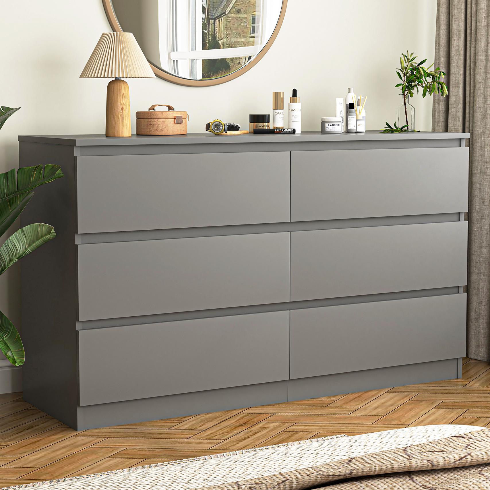 Resenkos Modern Mid Century 6 Drawer Wide Dressers Chests for Bedroom, Chest of Drawer Organizer Grey